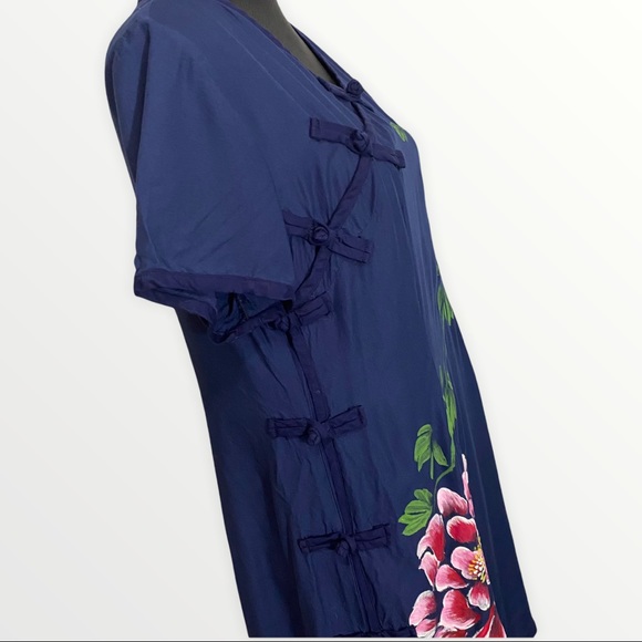 Dress Navy Blue Women's Large Hand Painted Pink Flowers Side Knotted Buttons - Picture 5 of 7